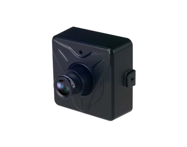 A black square security camera with a prominent front lens and a side mounting bracket, shown on a plain white background.