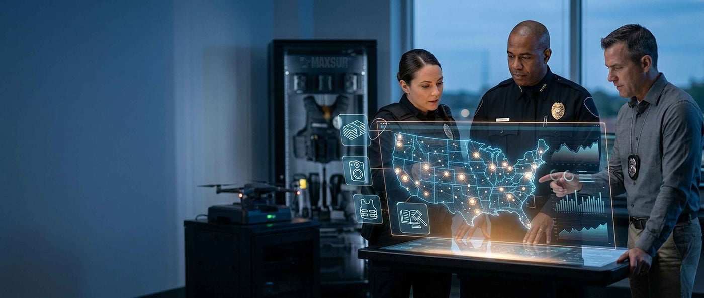 Three police officers examining a glowing map of the United States on a table to determine grant funding for agencies