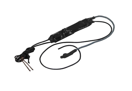 A black covert microphone bug module with attached black and gray wires, shown on a plain white background.