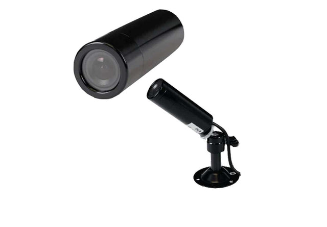 A black cylindrical spotlight or camera lens shown in two views: one as a standalone cylindrical head and one mounted on a black adjustable stand with a round base, isolated on a white background.