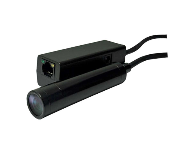 A black cylindrical covert bullet camera with an attached rectangular network box and two connected cables, shown on a plain white background.