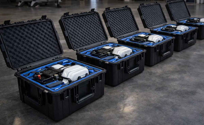 Set of black and blue protective cases with equipment inside on a concrete floor.