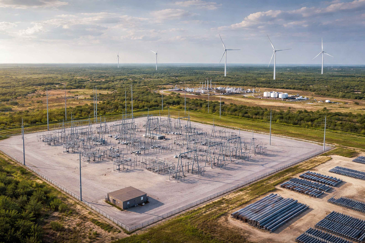 Aerial view of a large electrical substation with wind turbines in the background.