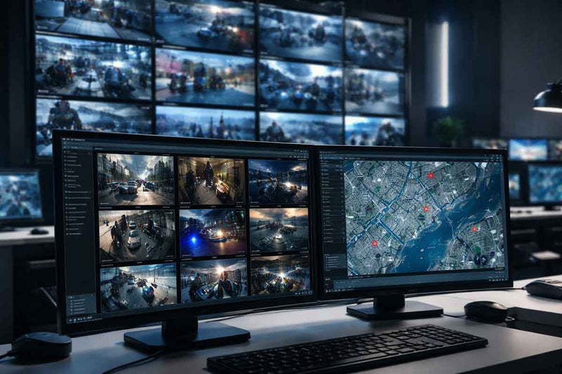 Multiple computer monitors displaying security camera feeds and a map in a dark room.
