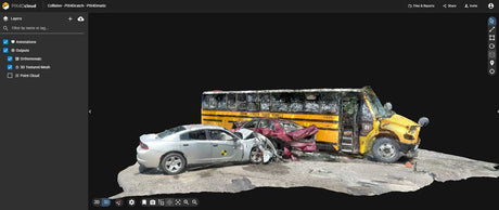 A 3D digital render of a severe car crash scene, featuring a yellow school bus and a silver sedan with extensive damage, displayed on a dark background with a software interface sidebar visible on the left.