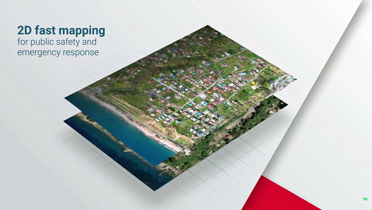 A promotional graphic showing a 3D layered rendering of an aerial coastal town map with text reading '2D fast mapping for public safety and emergency response' on a white background with a red geometric accent.