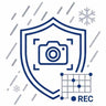 A blue and gray digital icon featuring a shield with a camera symbol, snowflakes, diagonal lines, and a grid with the text 'REC' on a white background.