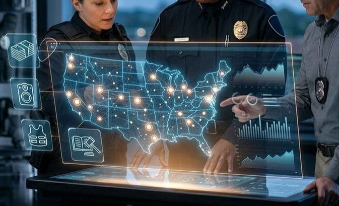 Three police officers gathered around a futuristic transparent display table showing a glowing United States map with illuminated data points and charts.