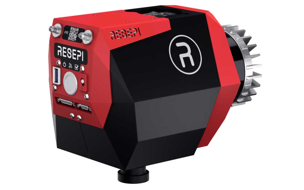 A red and black Resepi industrial drone LiDAR systems with a visible gear on the side, photographed on a plain white background.