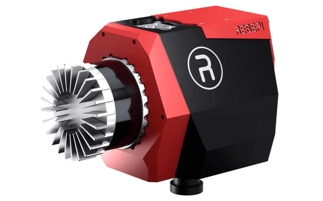 A red and black drone LiDAR scanner and a white circular Resepi logo on the side, isolated on a white background.