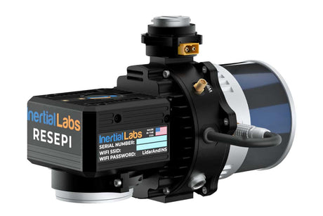 Inertial Labs RESEPI  drone LiDAR with a black housing, blue and silver cylindrical section, and a black control box displaying product details.