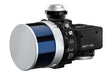 A high-end drone LiDAR system with a large circular silver end cap, a blue and black central body, and a black motor housing with silver screws and buttons, shown on a white background.