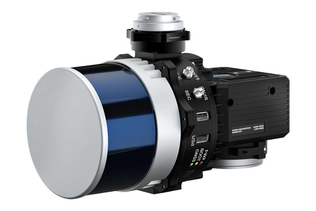 A high-end drone LiDAR system with a large circular silver end cap, a blue and black central body, and a black motor housing with silver screws and buttons, shown on a white background.