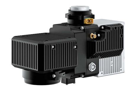 A black and silver industrial drone LiDAR system unit with ribbed metal housings, brass connection fittings, and a silver top cap, shown on a plain white background.