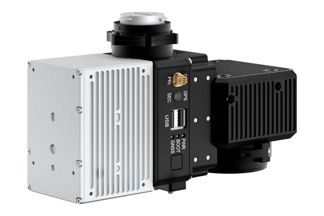 A compact industrial drone LiDAR mapping payload with a white ribbed metal housing, a black control box, and a silver top cap, shown on a plain white background.
