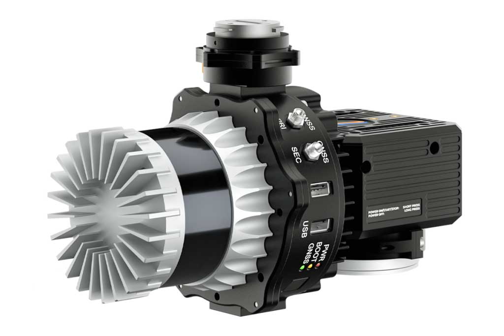 A 3D render of an industrial drone LiDAR, featuring a prominent silver heat sink fan on the left, a black central body, and a black motor housing on the right, shown against a plain white background.