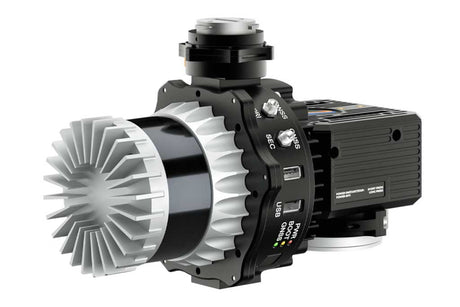 A 3D render of an industrial drone LiDAR, featuring a prominent silver heat sink fan on the left, a black central body, and a black motor housing on the right, shown against a plain white background.
