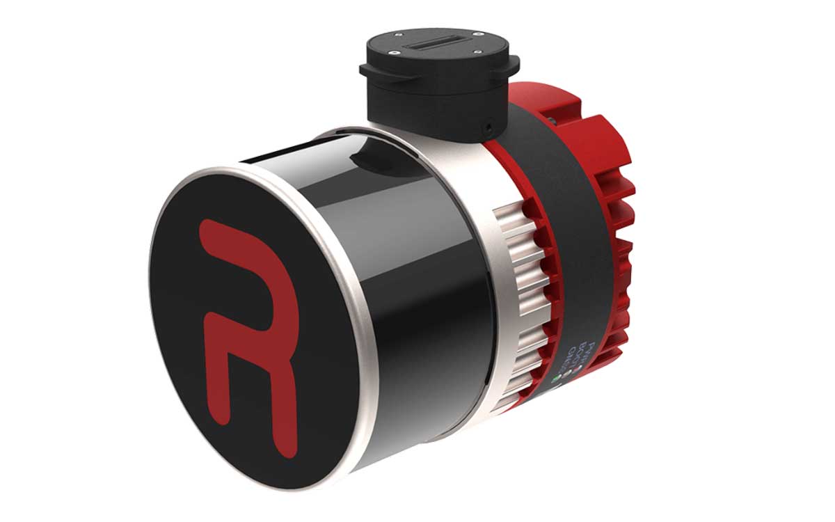 A high-performance drone LiDAR scanner, featuring a glossy black body with a large red stylized 'R' logo on the front, a silver metallic band, a red ribbed finned outer casing, and a black top cap, shown on a solid white background.