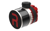 A high-performance drone LiDAR scanner, featuring a glossy black body with a large red stylized 'R' logo on the front, a silver metallic band, a red ribbed finned outer casing, and a black top cap, shown on a solid white background.