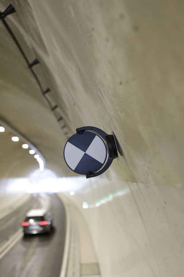 Lidar target shown mounted on a tunnel wall