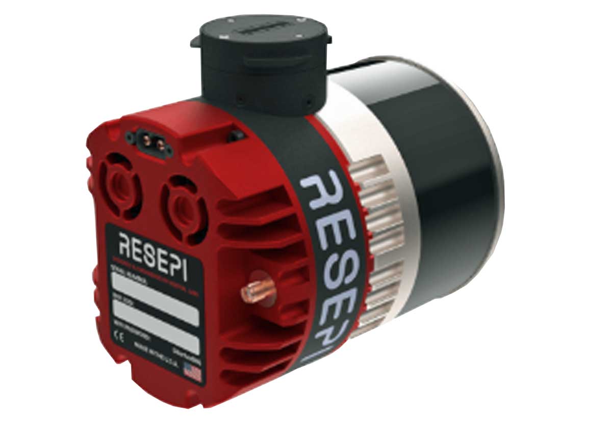 A Resepi drone LiDAR scanner with a red ribbed metal body, a black top cap, a black and silver cylindrical section, and a black band wrapped around the middle with the white Resepi logo.