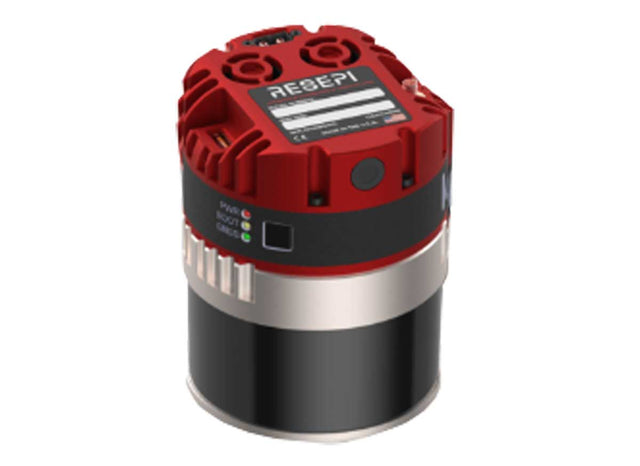 A red and black industrial drone LiDAR scanner module with a silver metallic band, shown on a plain white background. The top cap features the brand name 'RESEPI' in white text.