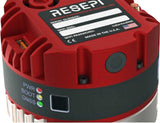 A close-up of a red and black Resepi Lidar Android laser module, showing the top label with serial number fields, a power button, and indicator lights for PWR, BOOT, and GNSS.