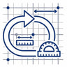 A blue line-art icon depicting a circular arrow with measurement arrows, a ruler, and a protractor over a grid background.