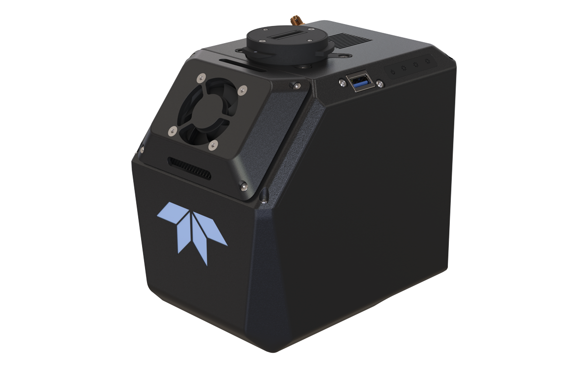 A black industrial robotic LiDAR camera or sensor module with a blue geometric logo on the front, shown on a plain white background.