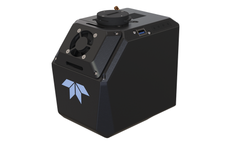 A black industrial robotic LiDAR camera or sensor module with a blue geometric logo on the front, shown on a plain white background.