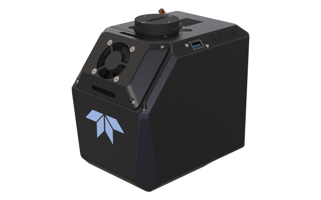 A black industrial robotic LiDAR camera or sensor module with a blue geometric logo on the front, shown on a plain white background.