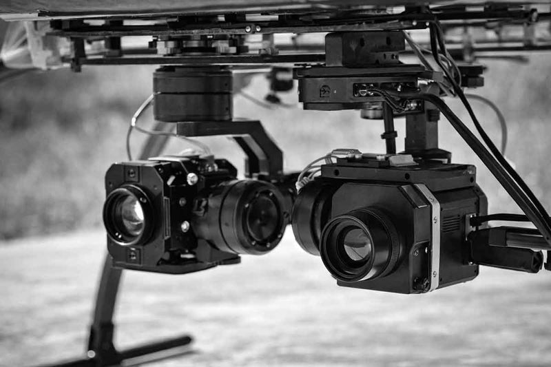 Close-up of a drone with multiple cameras on a blurred background
