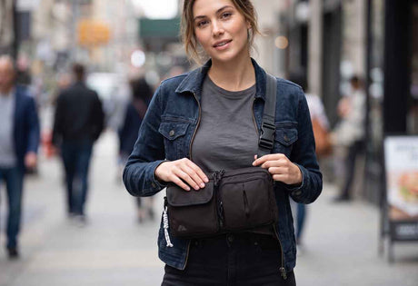 Woman walking on a city street wearing a black waist bag with body worn covert gear