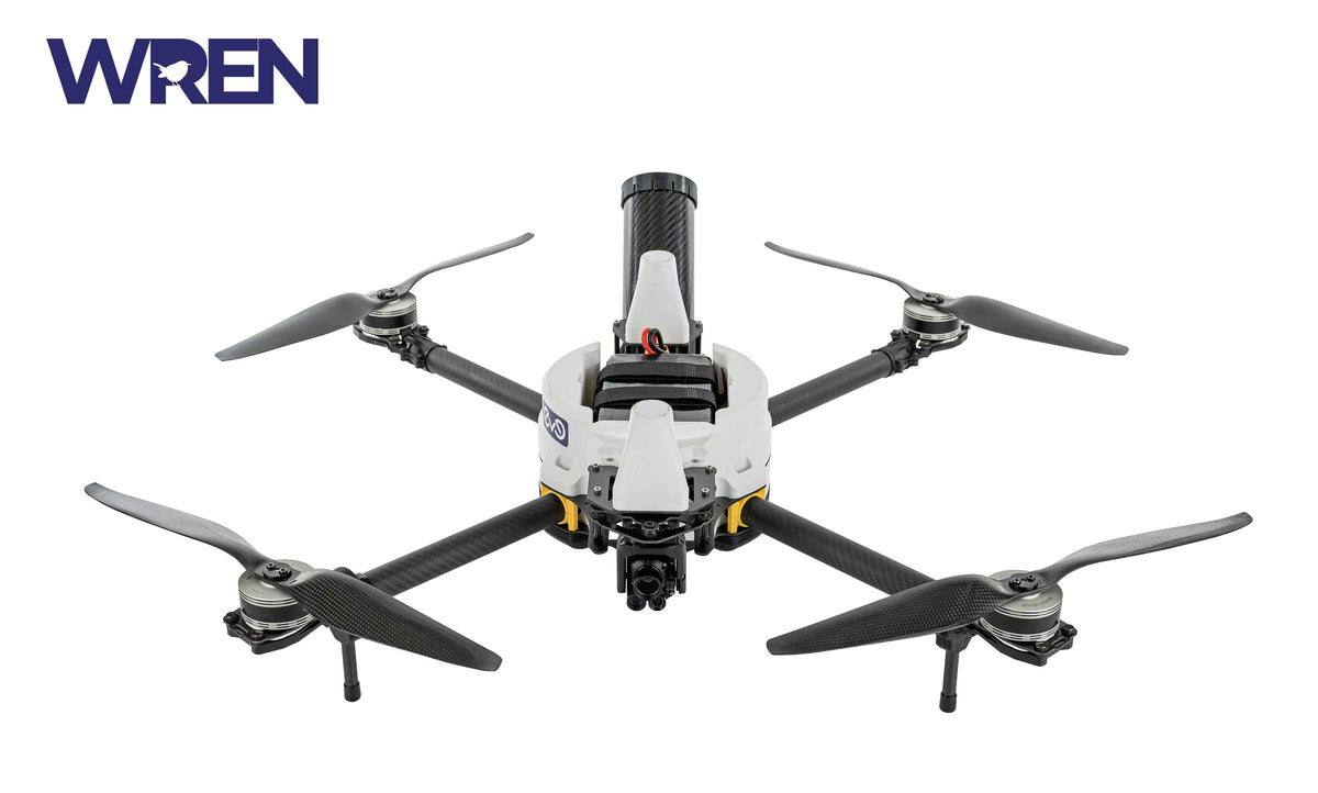 Hexacopter drone with WREN branding on a white background