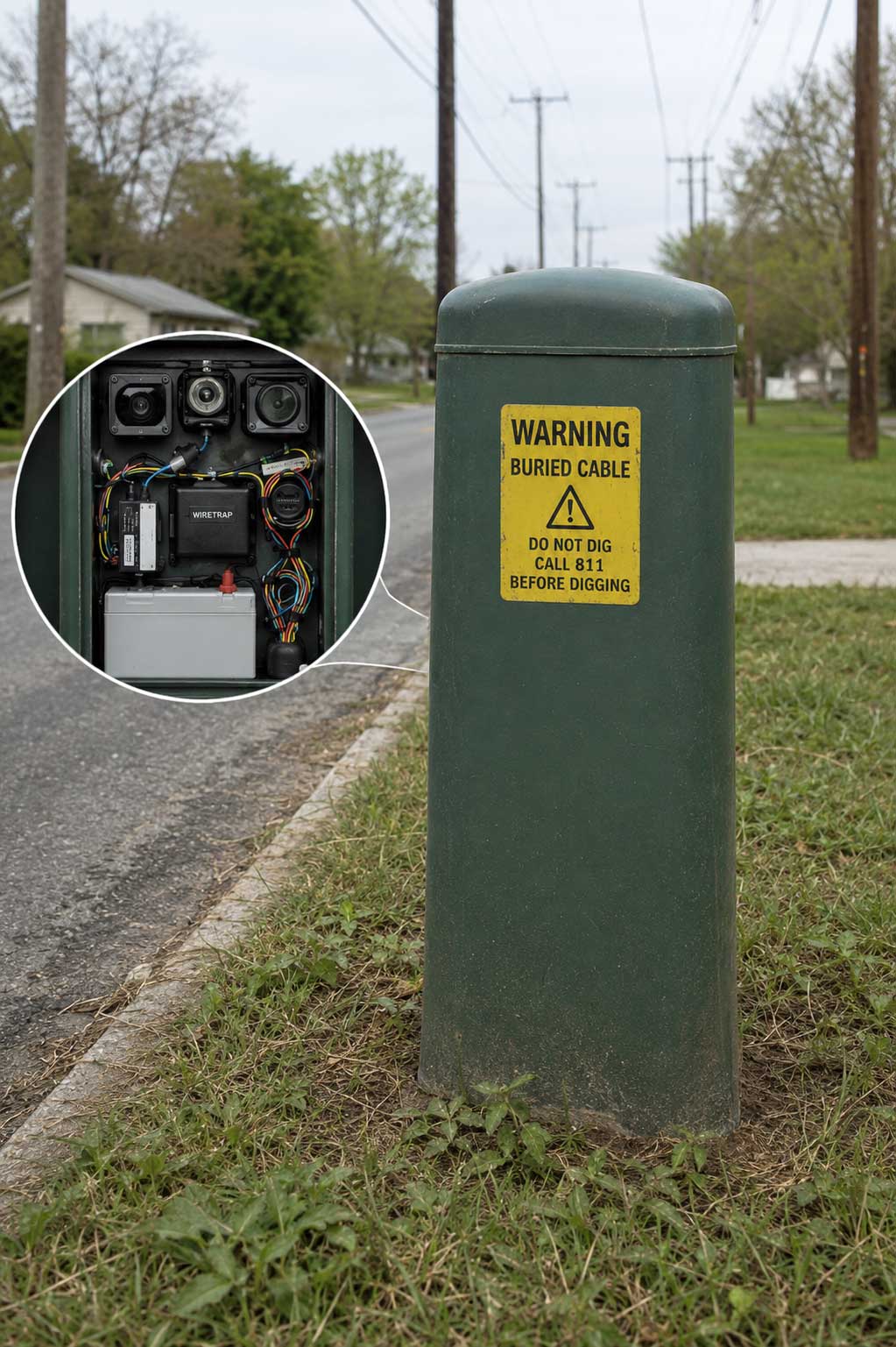 A green covert video outdoor electrical utility post with a yellow warning label reading 'WARNING BURIED CABLE' is shown beside a road, deployed for metal theft investigations.