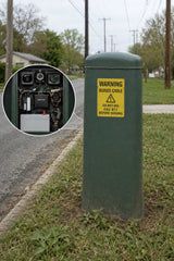 A green covert video outdoor electrical utility post with a yellow warning label reading 'WARNING BURIED CABLE' is shown beside a road, deployed for metal theft investigations.