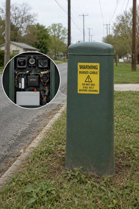 A green covert video outdoor electrical utility post with a yellow warning label reading 'WARNING BURIED CABLE' is shown beside a road, deployed for metal theft investigations.
