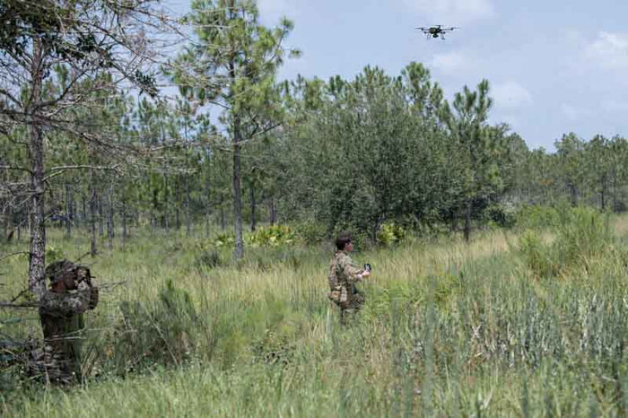 Person in camouflage clothing operating a drone in a forested area
