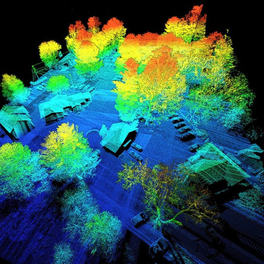 Colorful 3D drone LiDAR scan of a landscape with buildings and trees
