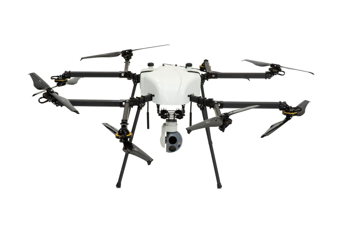 Octocopter hybrid power drone on a white background with ISR Trillium PTZ Camera